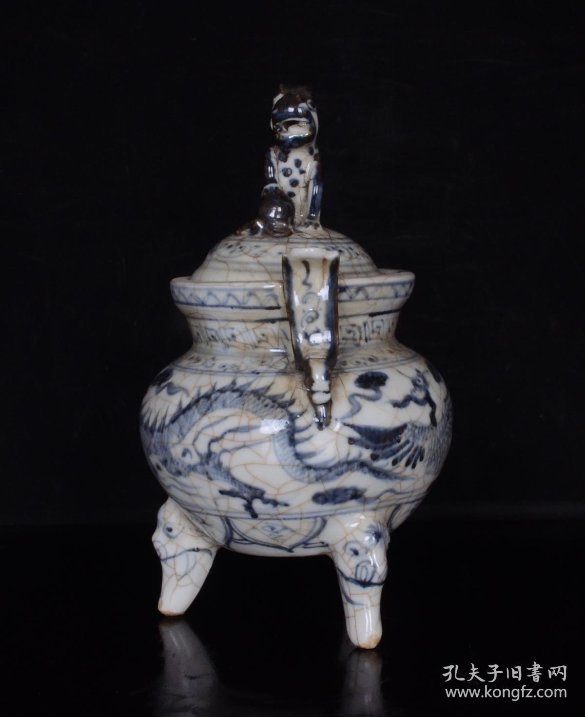 旧藏 元青花开片龙凤纹旺财香炉 古玩古董古瓷器收藏 元代青花瓷器炉