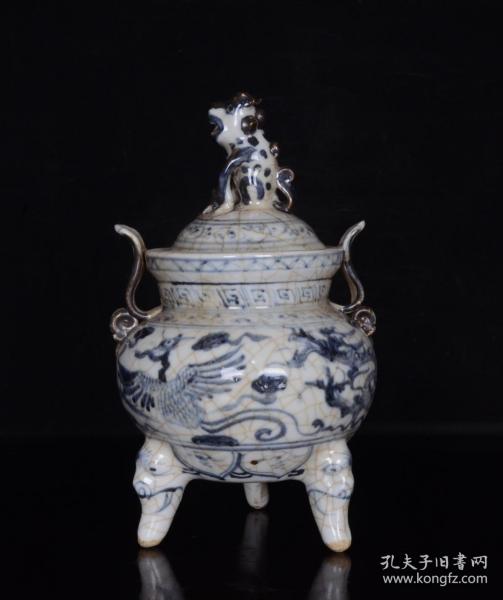 旧藏 元青花开片龙凤纹旺财香炉 古玩古董古瓷器收藏 元代青花瓷器炉