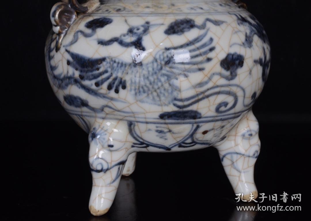 旧藏 元青花开片龙凤纹旺财香炉 古玩古董古瓷器收藏 元代青花瓷器炉