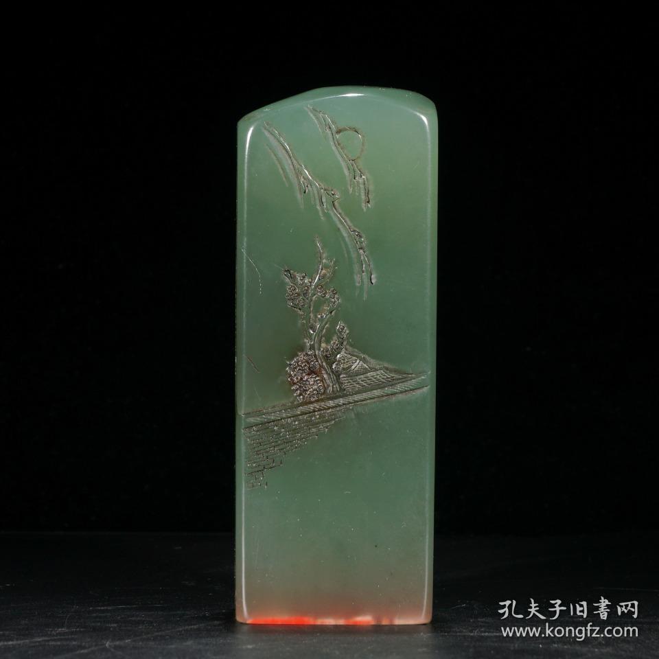 清代:【寿山冻石艾叶绿松下高仕诗文印章】