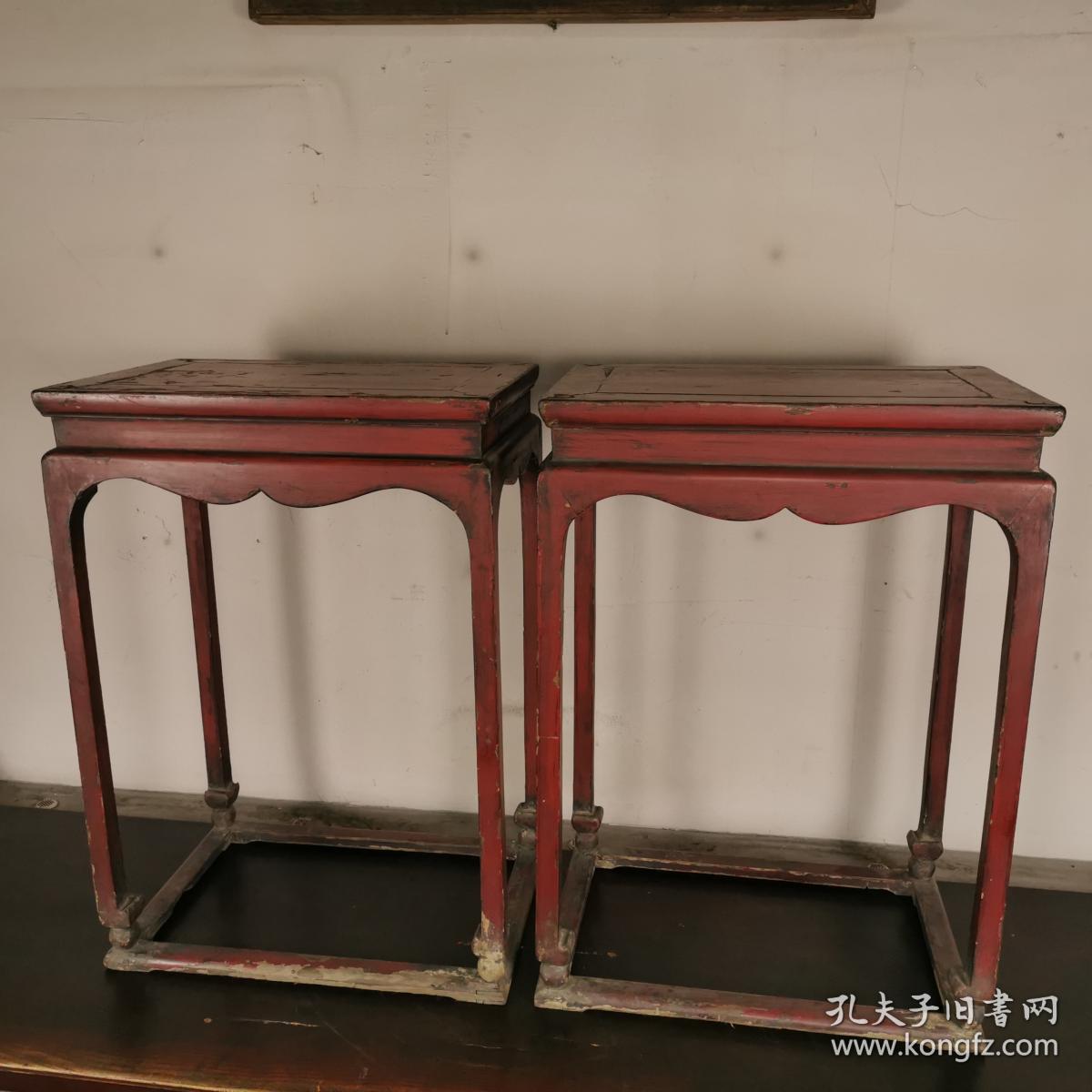 清代老家具古玩木器花几朱红漆束腰花几居家会所花卉摆设保真包老