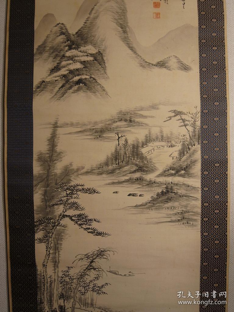 清明治时期画家直入山樵田痴(田能村直入)笔老绢本绫裱(秋溪垂钓图)