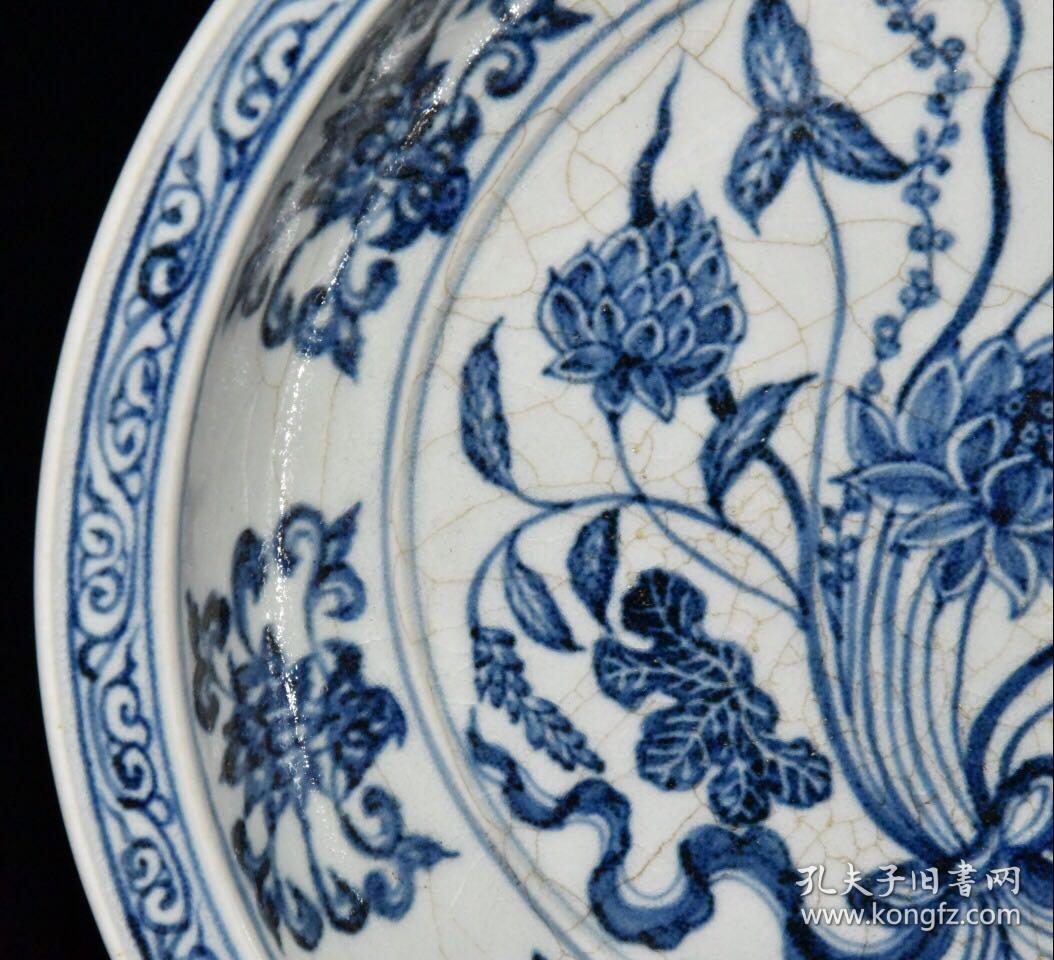 元代青花开片一束莲缠枝花卉纹盘【6.3x28.8cm】