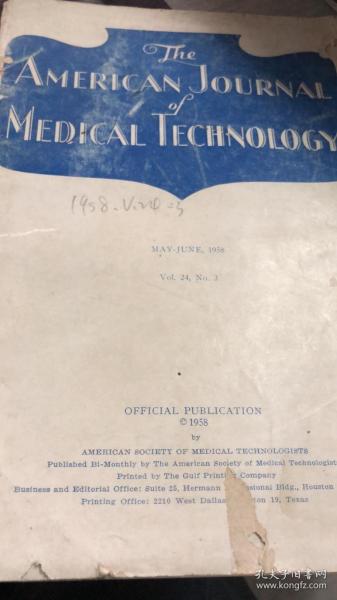 英文书 the american journal of medical technology may june,1958 vol.24,no.3 美国医学技术杂志 1958年5 6月第24卷第3期