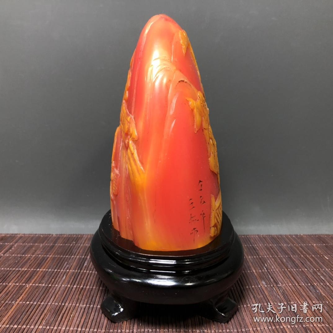 珍品 篆刻家落款丁己年王松作 寿山石黄皮红田黄石摆件印章 薄意雕刻