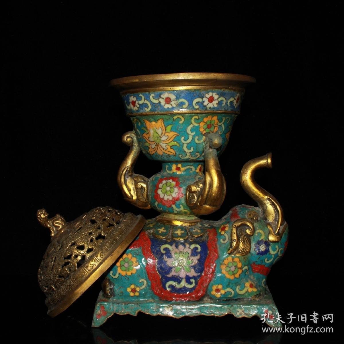 纯铜镀金做旧景泰蓝掐丝吉象熏香炉