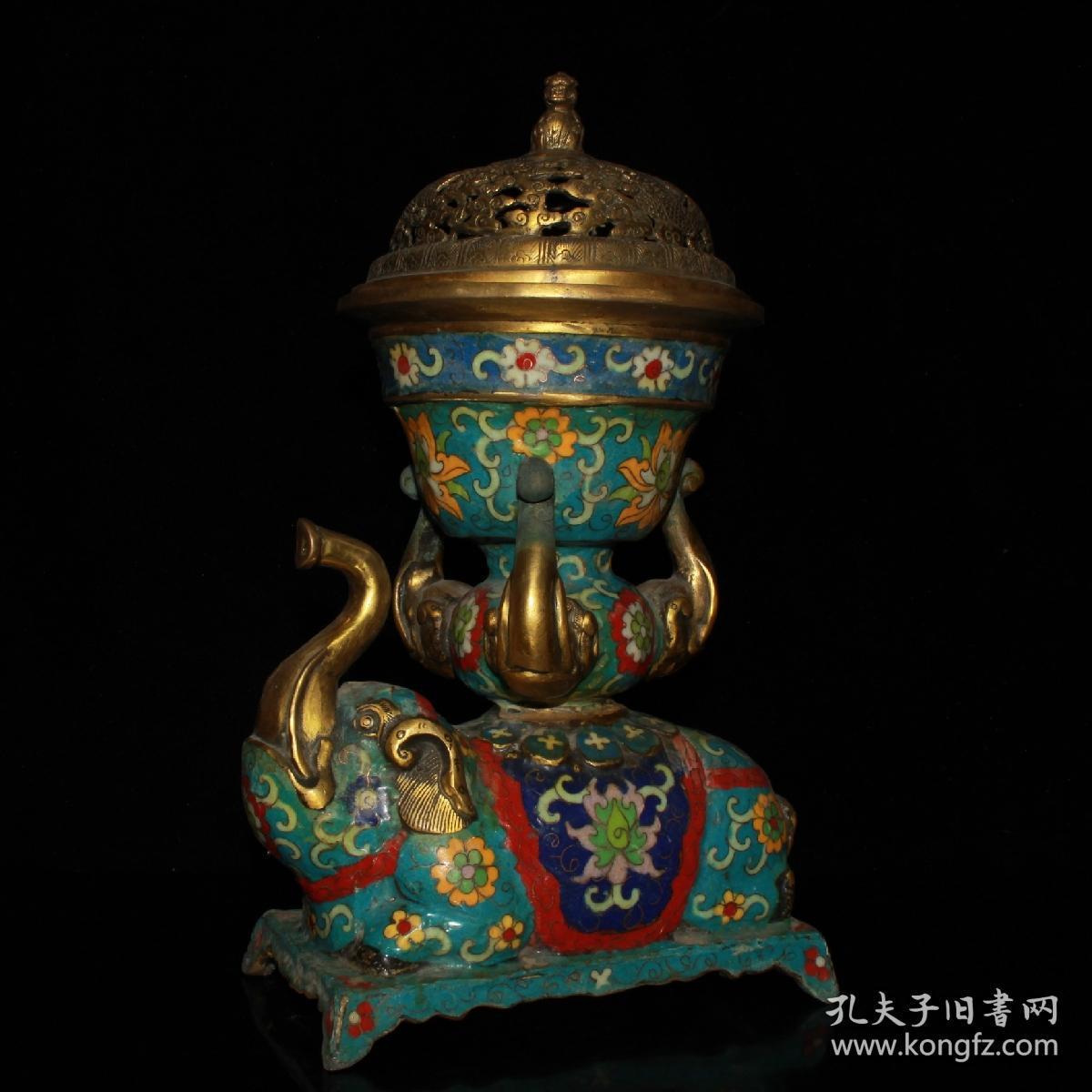 纯铜镀金做旧景泰蓝掐丝吉象熏香炉