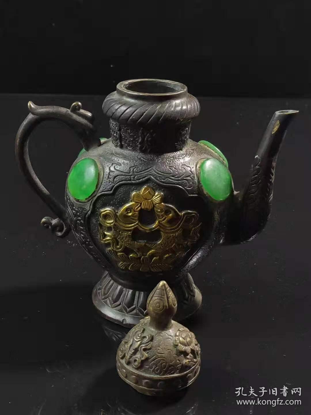 紫铜鎏金双鱼冰种翡翠酒壶