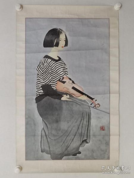 保真书画,当代优秀人物画 画家 刘静 云《拉琴的少女》国画一幅,原