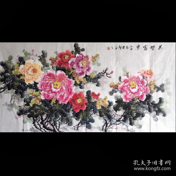 【保真】著名牡丹画家陈君壁《花开富贵》纯手绘国画牡丹花鸟画芯,四