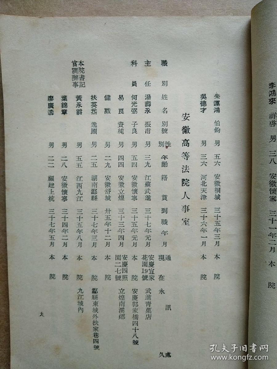 安徽各级司法机关暨监所职员录含合肥安庆芜湖怀宁阜阳桐城宣城庐江