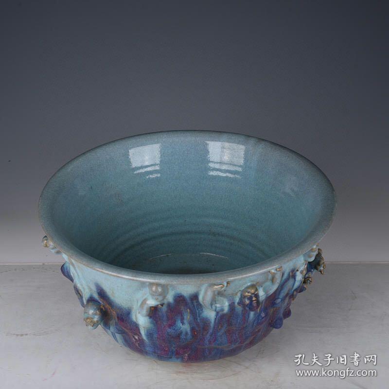 宋钧窑天蓝釉曜变贴塑罗汉花盆 古玩190713花瓶古董古瓷器 20×37厘米