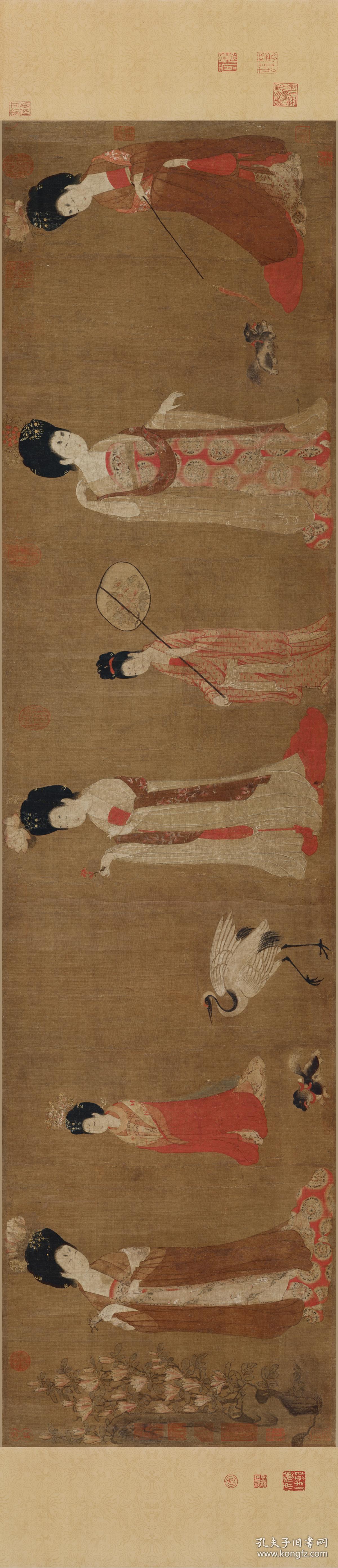 唐 周昉 簪花仕女图卷(全卷)画心.尺寸46.39*215.44厘米.