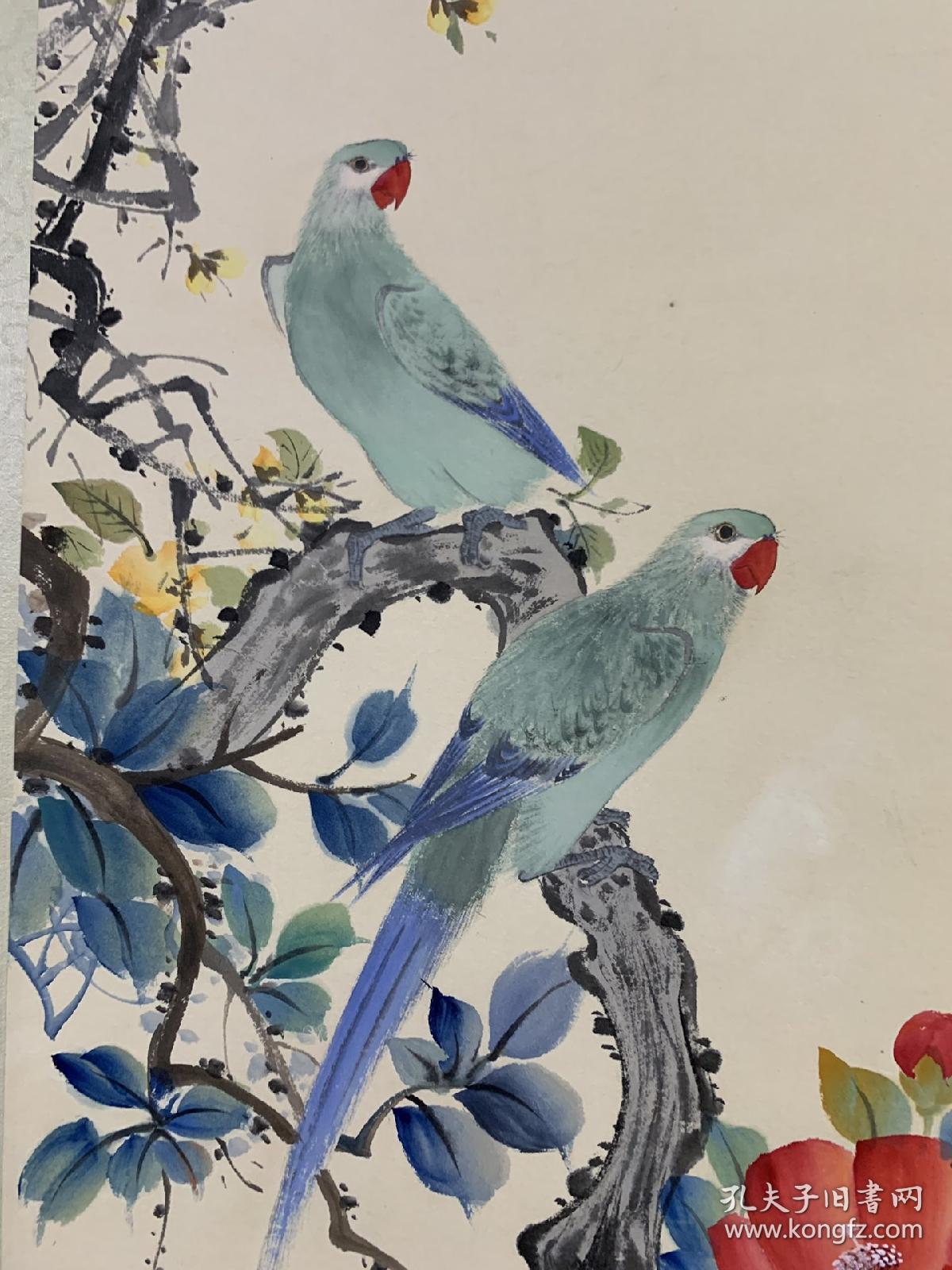 颜伯龙款《鹦鹉茶花》精品立轴,画心尺寸33×120cm