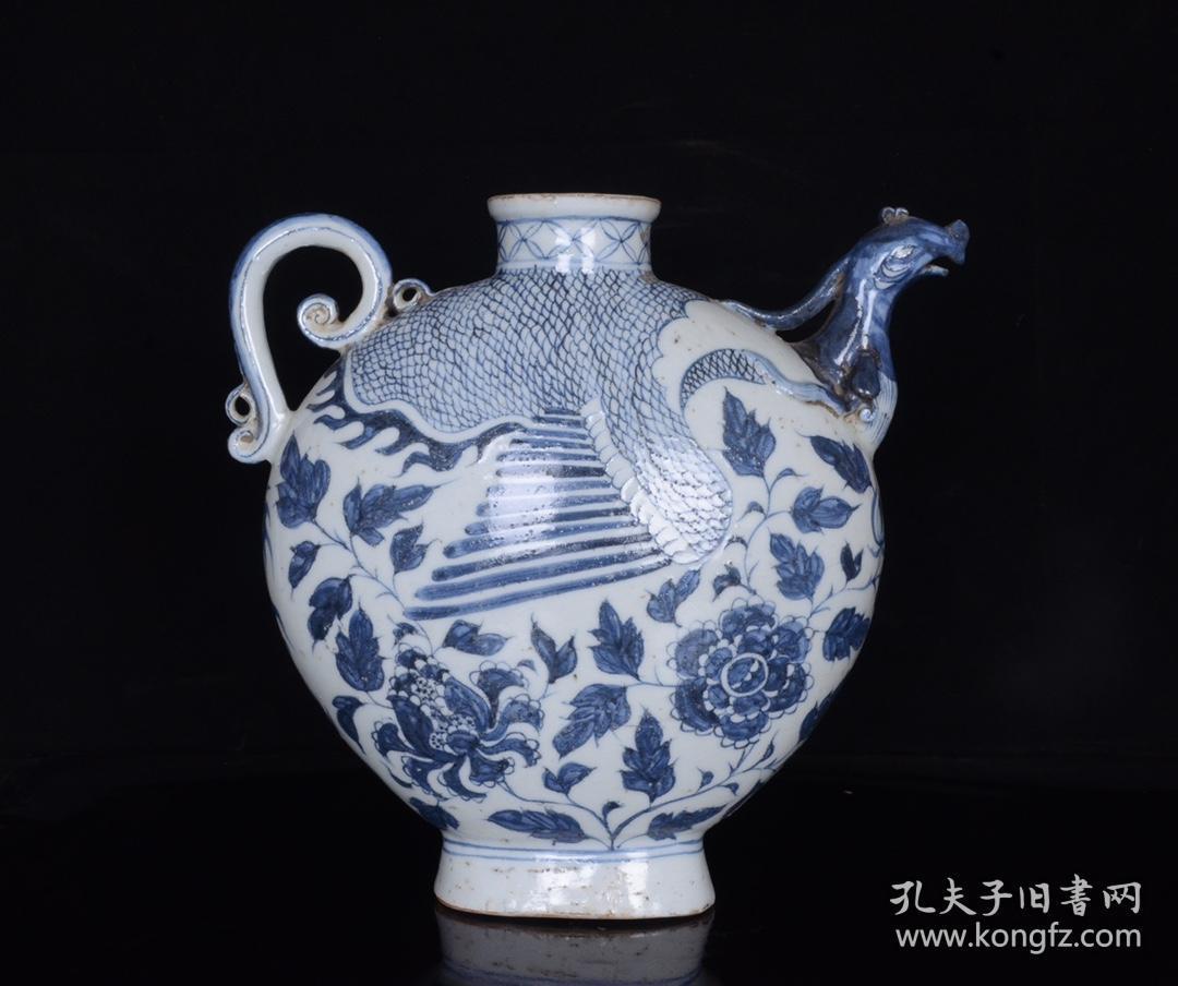 元青花牡丹风头扁壶 古玩古董古瓷器收藏 尺寸25x25.