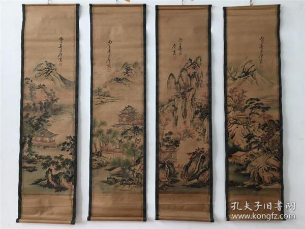 仿古做旧国画字画山水画唐寅山水图已装裱家居办公四条屏装饰挂画