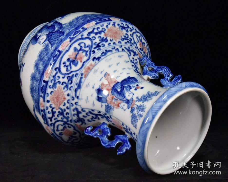 清代康熙青花釉里红人物故事赏瓶一对【37x23cm】