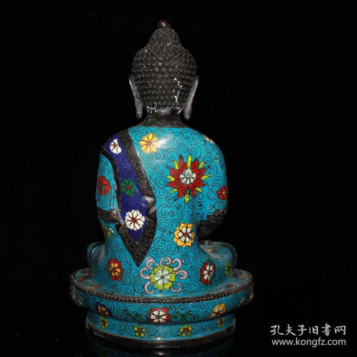 清中期纯铜镀金做旧景泰蓝掐丝莲花底座释迦佛像摆件