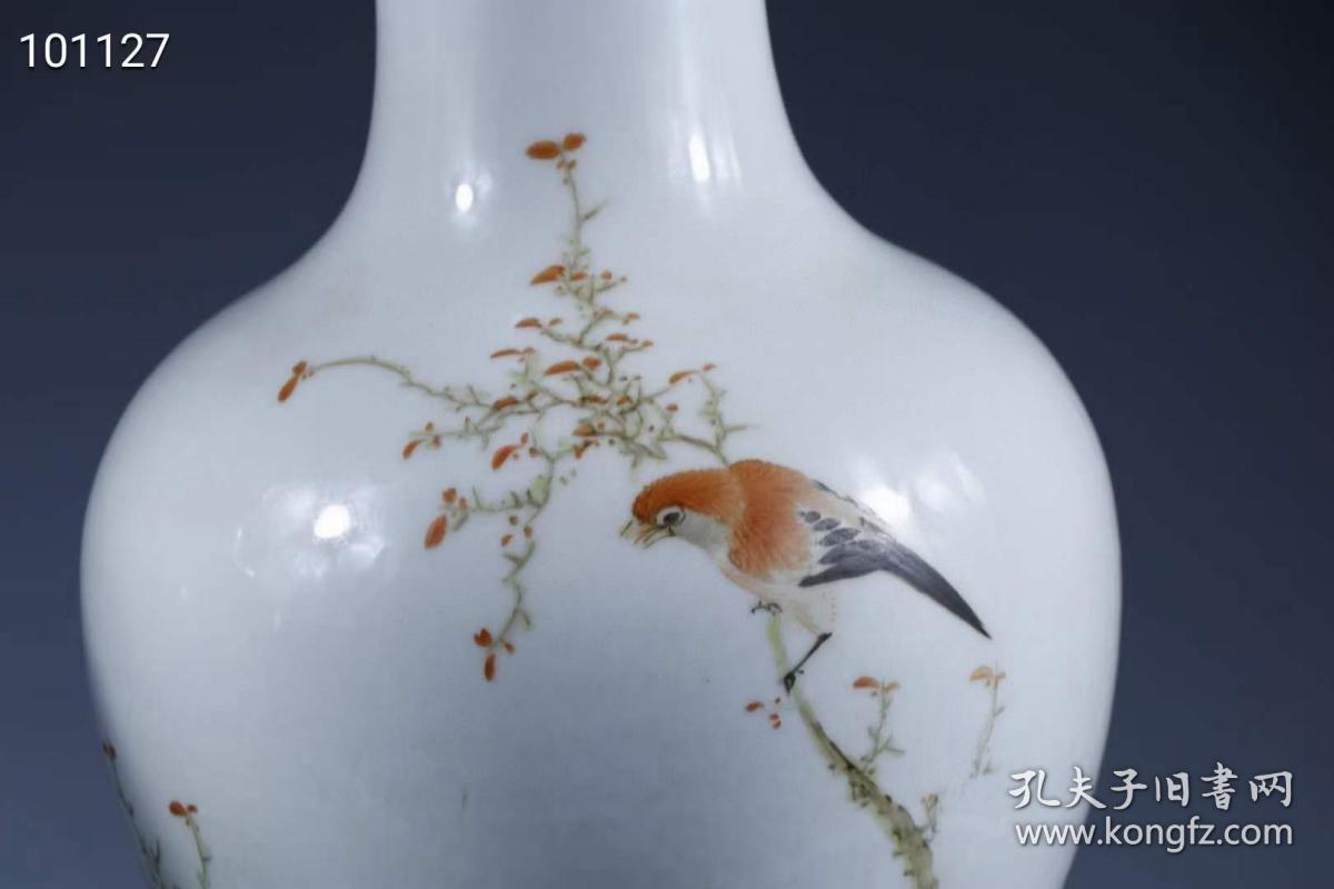 许达生手绘浅绛彩"秋色清风"花鸟瓶