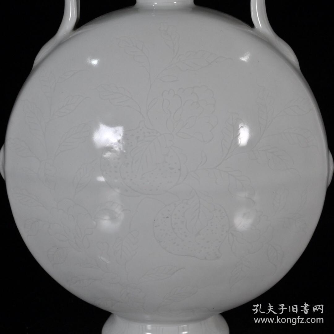 明永乐甜白釉青花赏赐三果纹双耳蒜头扁瓶 古玩古董古瓷器收藏 尺寸27