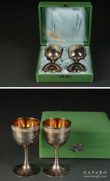 古董银杯 纯银杯 酒杯 一对银酒杯 清末日本产纯银杯 服部时计店制作