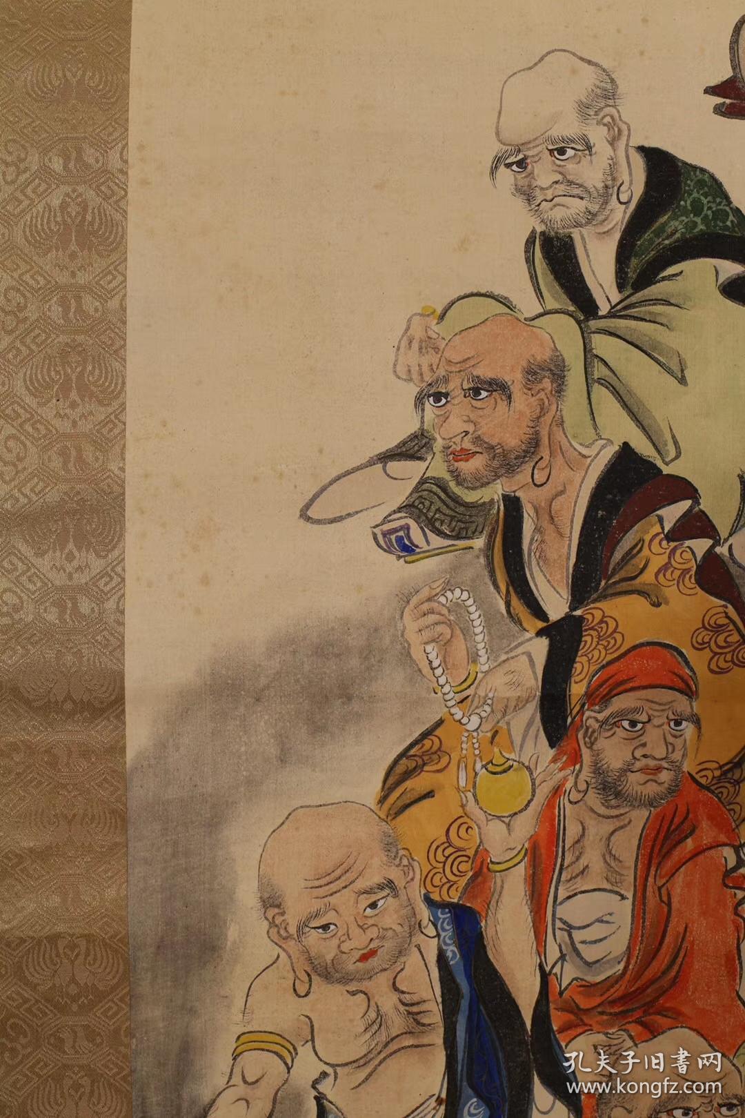 民国大幅绢本罗汉图,锦裱,白瓷轴头.品相一流,画工精道.