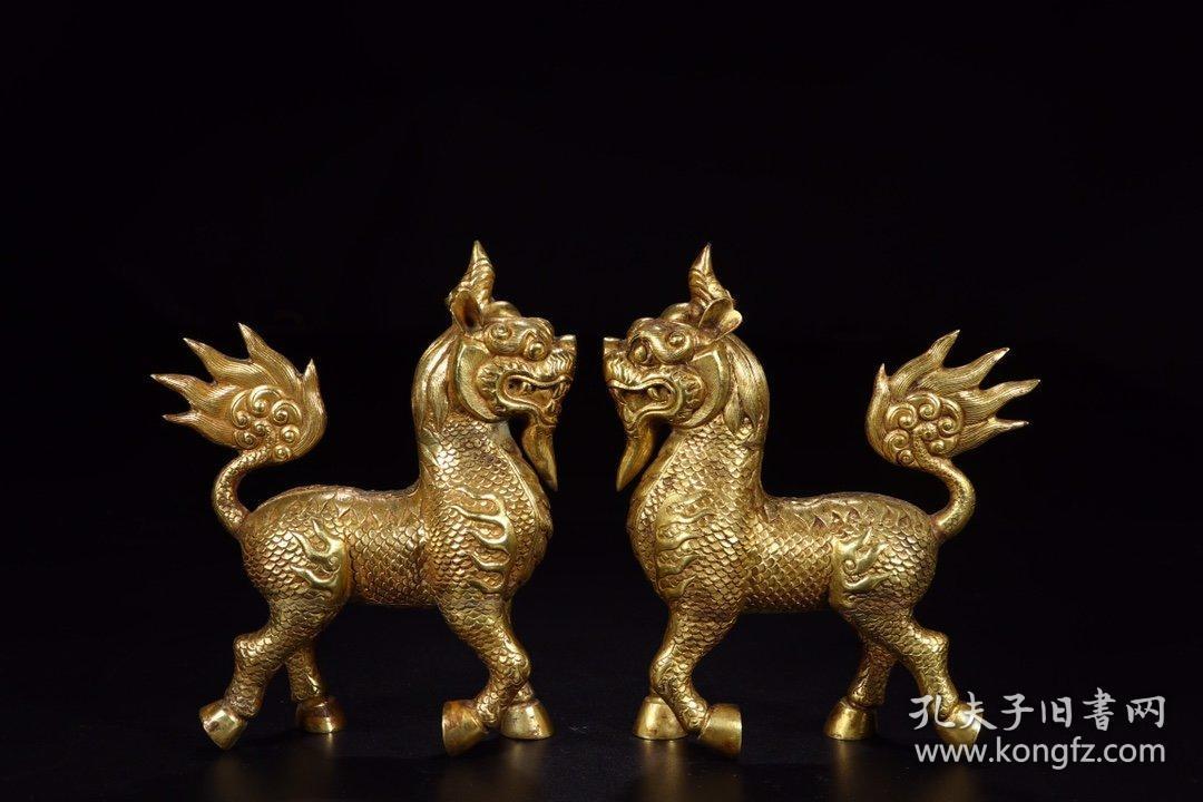 清代:铜鎏金麒麟摆件一对