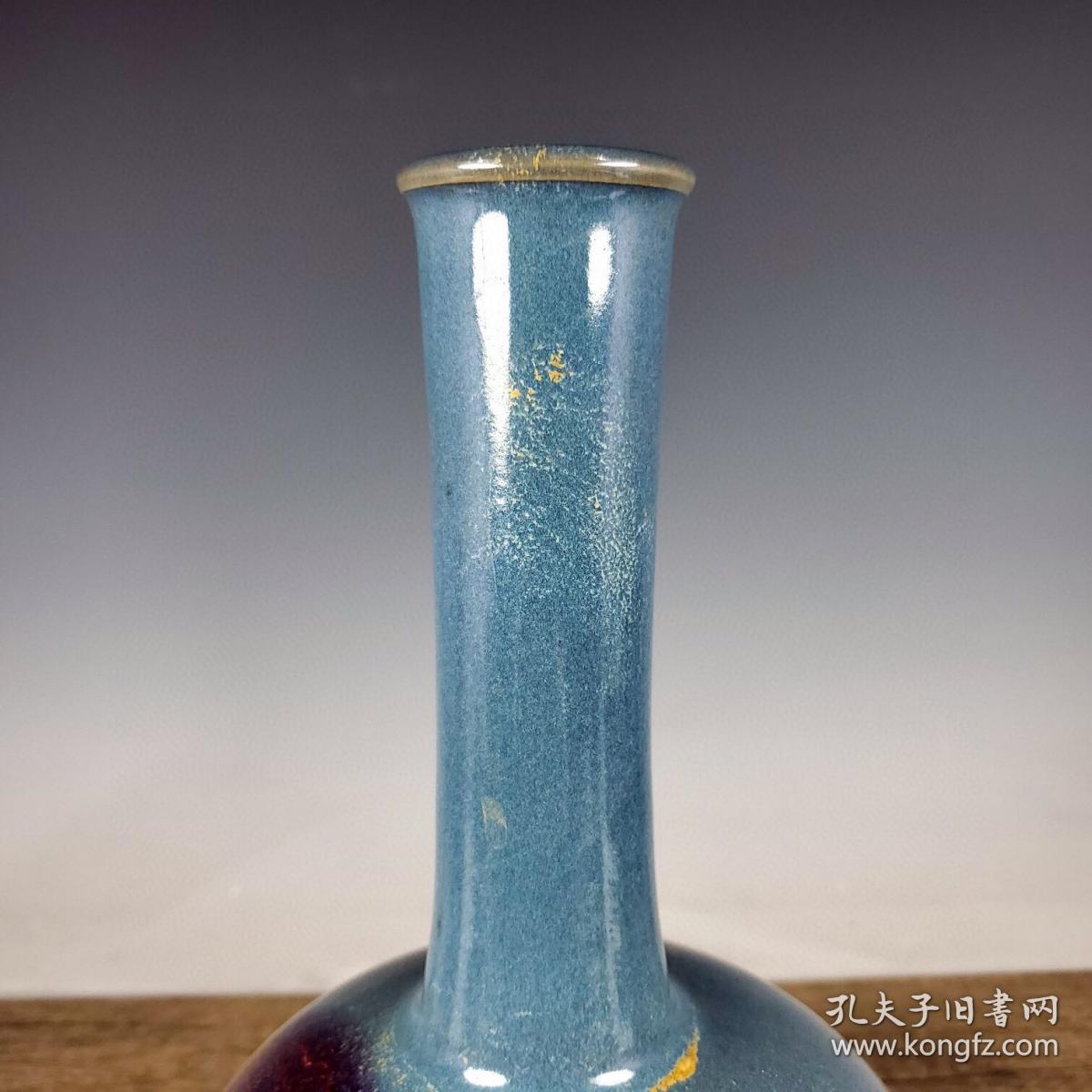 宋钧窑天青釉窑变紫斑绘"马拉车"纹直颈瓶 尺寸高28.