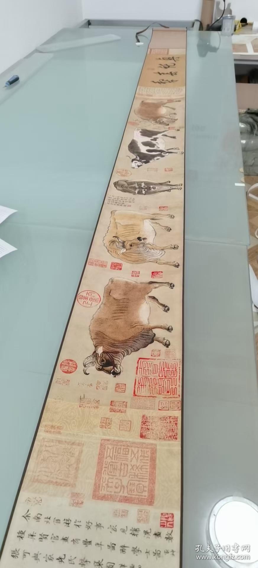 11唐韩滉五牛图全卷真迹复制品21x543cm北京故宫藏历代名画手卷配锦合