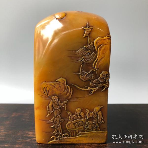 珍藏寿山石田黄冻石人物故事薄意印章一枚,癸酉年四月篆刻家丁敬作