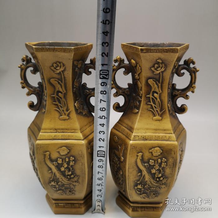 黄铜花瓶一对仿古做旧纯铜花开富贵瓶子铜花瓶客厅装饰招财摆件