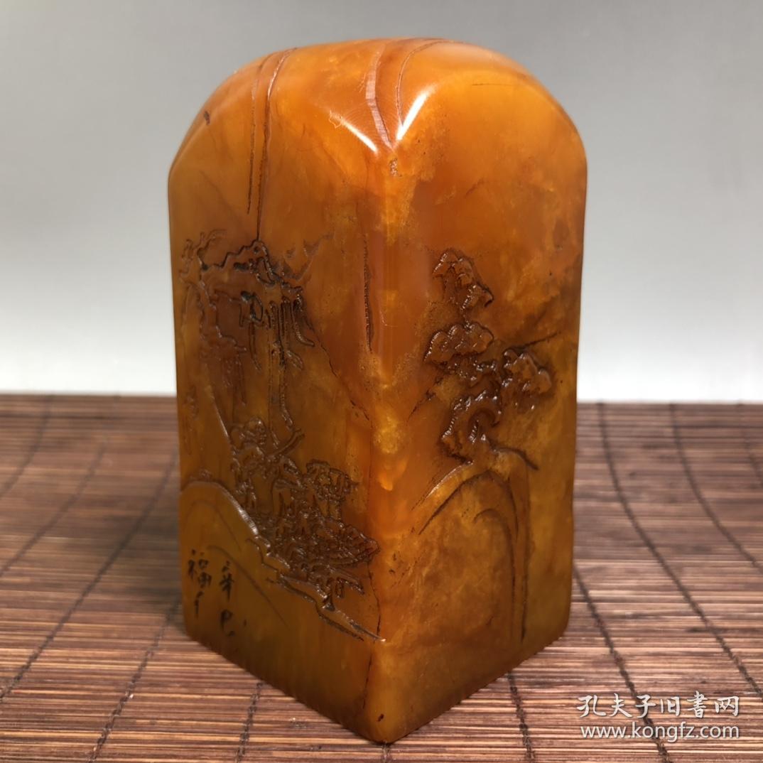 寿山石田黄石博弈雕刻【远方起航】印章,红筋明显,石材细腻油润,包浆