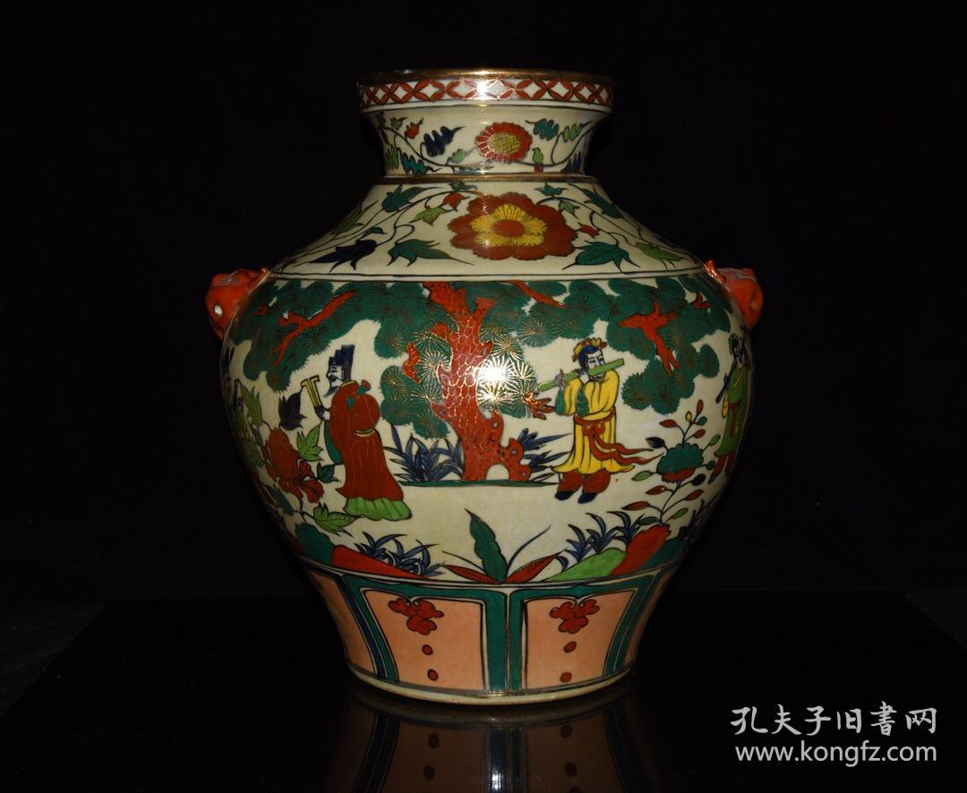 元代五彩描金八仙纹兽头罐古玩古董古瓷器