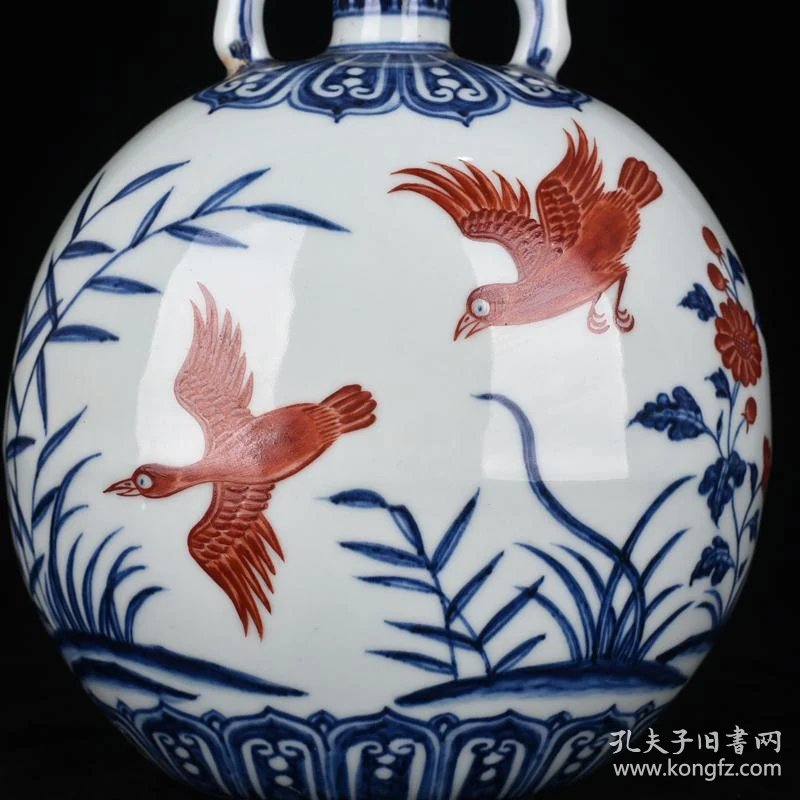 明宣德青花矾红鹭雁纹扁瓶