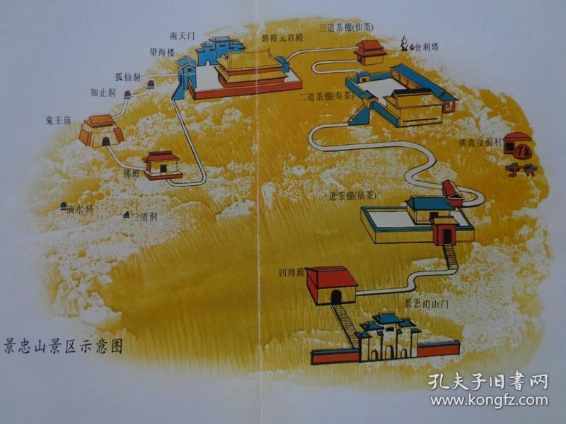景忠山景区导游图 手绘版 00年代 16开折页 启功题字 景忠山位于河北