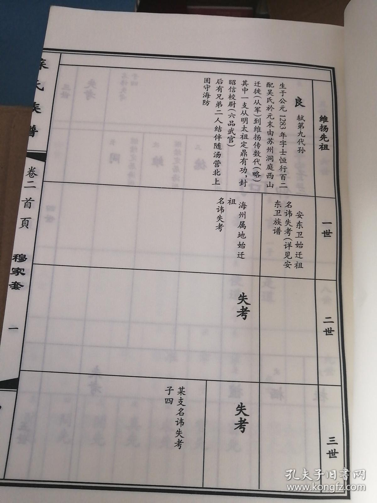 苏氏家谱卷二,六,七(宣纸线装,三册江苏干于县族源出自日照安东卫)