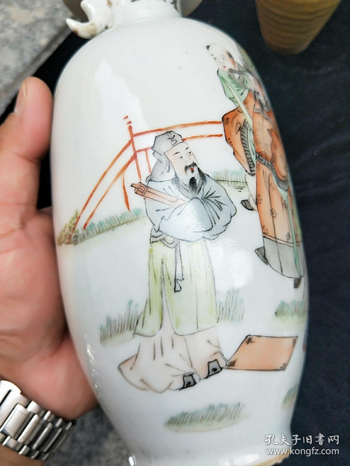 老瓷器,名家画作汪照黎,三星寿图,浅绛彩人物图花瓶一只,民间收藏.