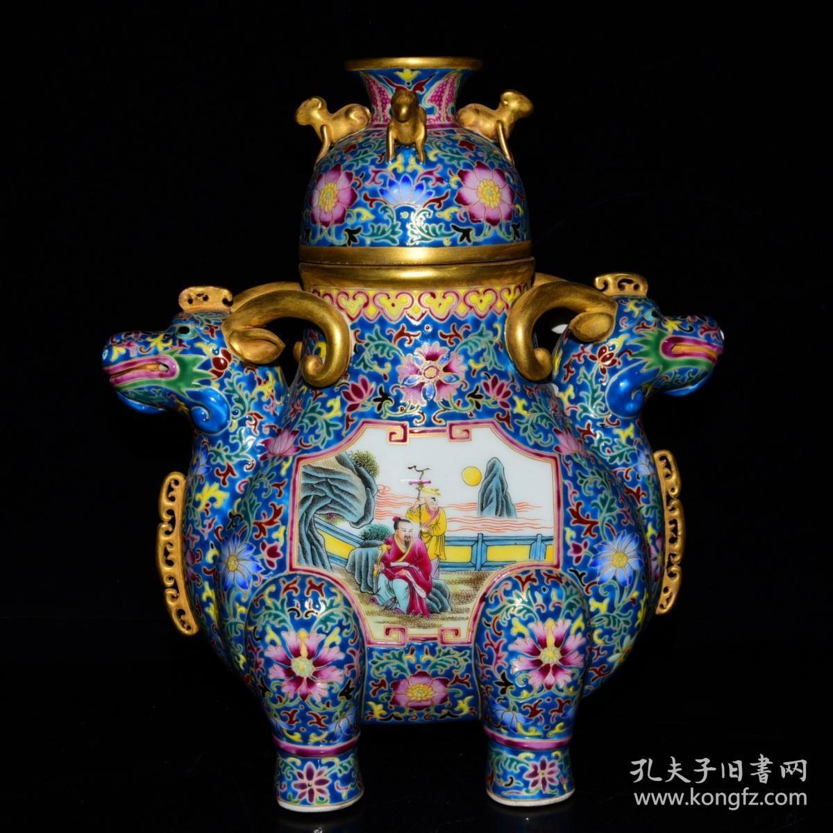 老瓷器秒杀 清乾隆年珐琅彩鎏金开光人物纹双羊尊