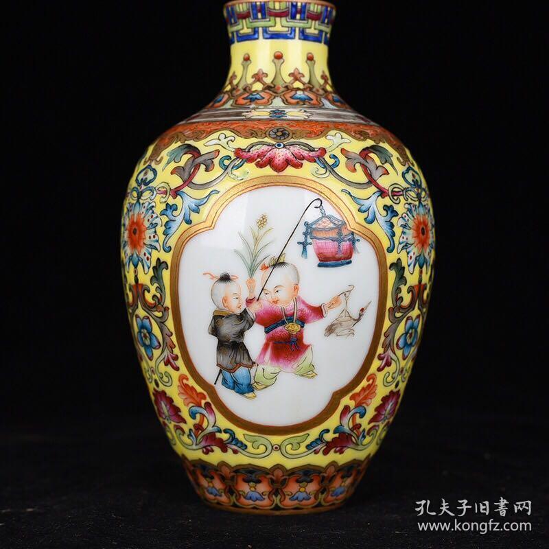 清乾隆黄地珐琅彩开光婴戏图梅瓶 古玩191030古董古瓷器花瓶藏品规格