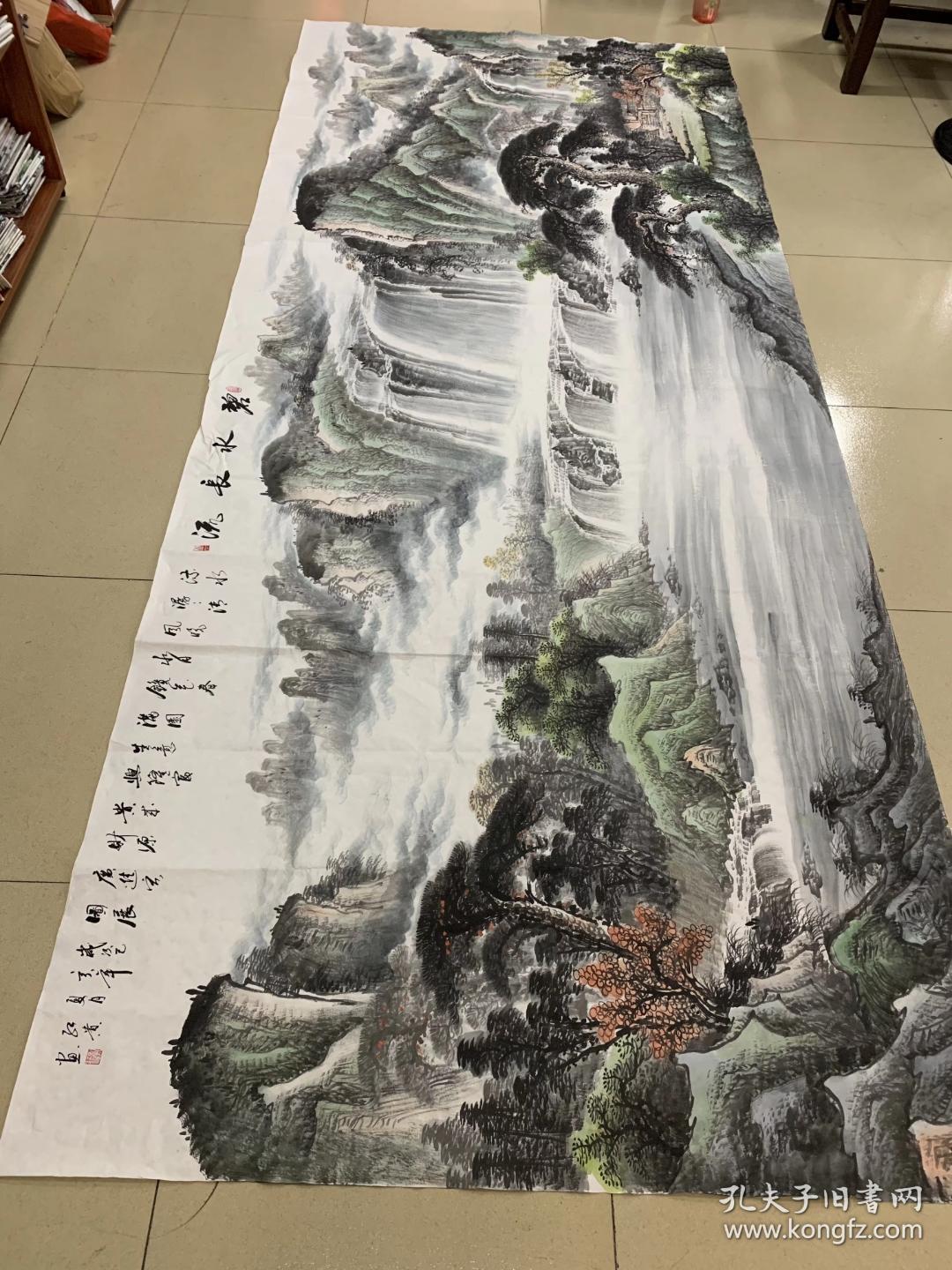 中国国画家协会会员孔红贵老师小八尺聚宝盆山水画【碧水长流】360