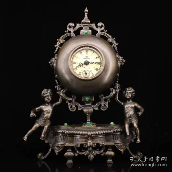 纯铜仿古镶嵌宝石欧式古典钟表 拉丝老式机械发条闹钟