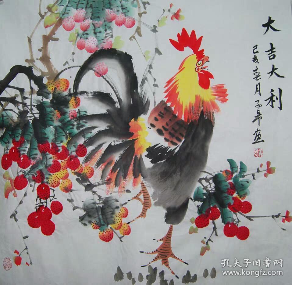 纯手绘国画公鸡斗方花鸟画芯 书房装饰字画雄鸡图大吉