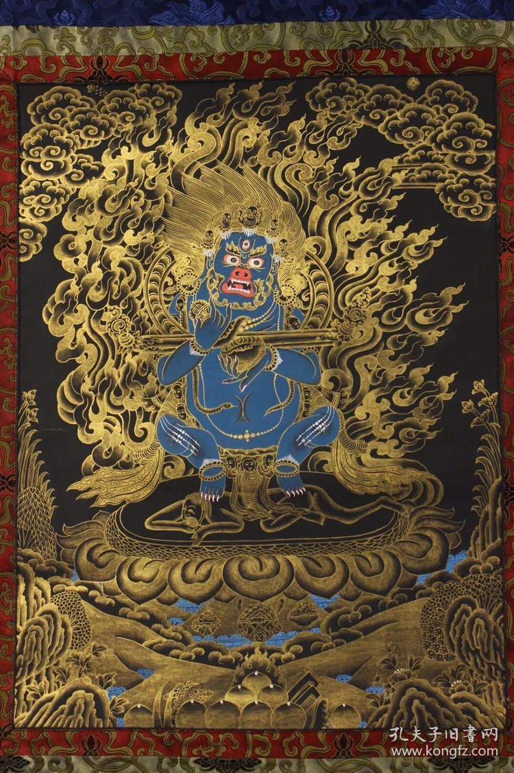 西藏寺院顶级画师纯手工天然矿物颜料填充真金粉手绘黑财神唐卡 带