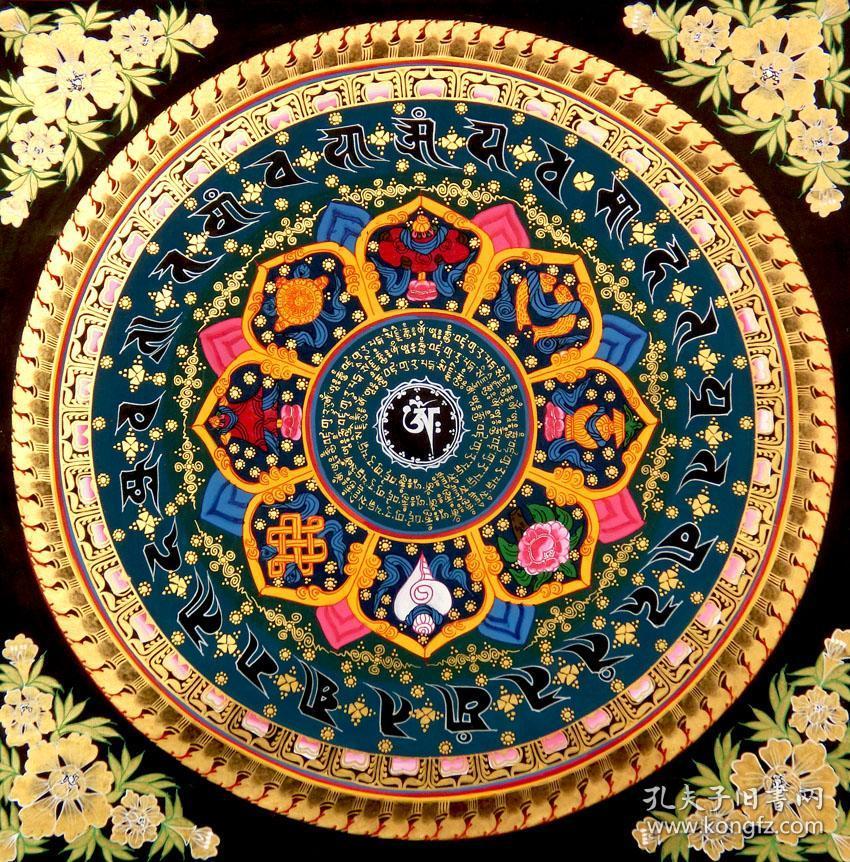 【 六字真言六字箴言八吉祥唐卡】画面尺寸50x50cm,真金描绘,矿物颜料