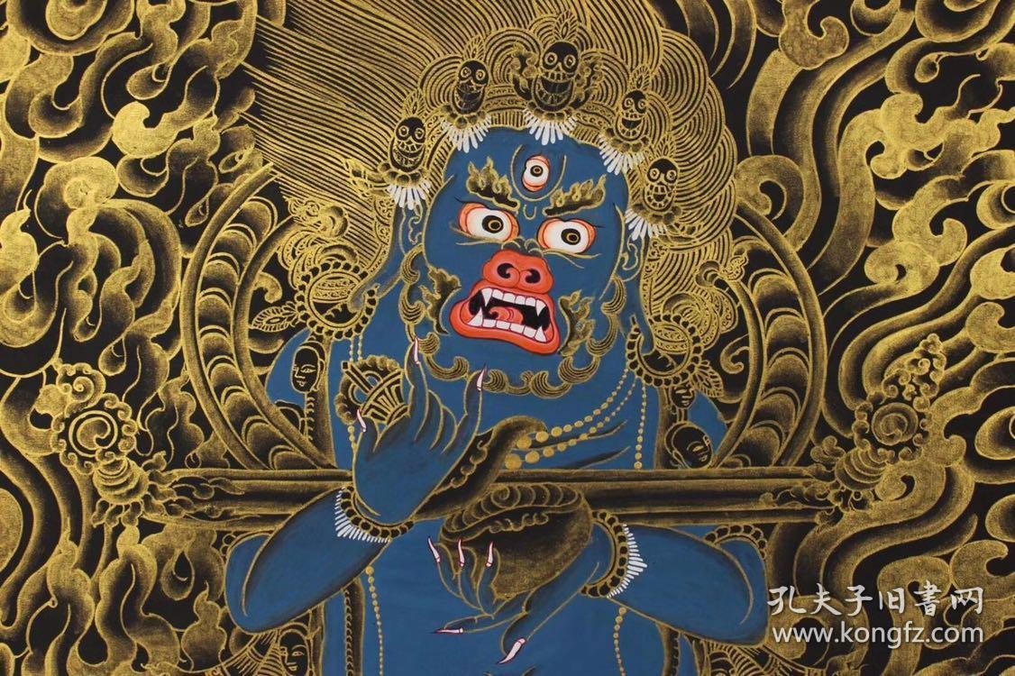 西藏寺院顶级画师纯手工天然矿物颜料填充真金粉手绘黑财神唐卡 带