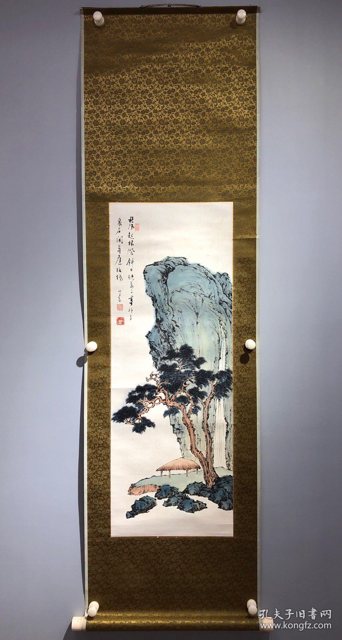 溥儒 溪山晚亭 山水作品,日式原装裱立轴,画心高82宽30厘米