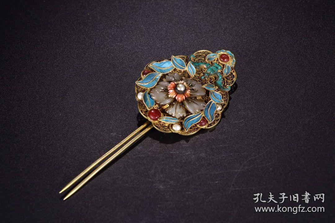 清代:银鎏金点翠嵌宝花卉发簪