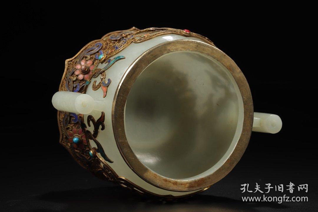 清代,"乾隆御制"款和田白玉双耳炉(原配累丝盖,座)