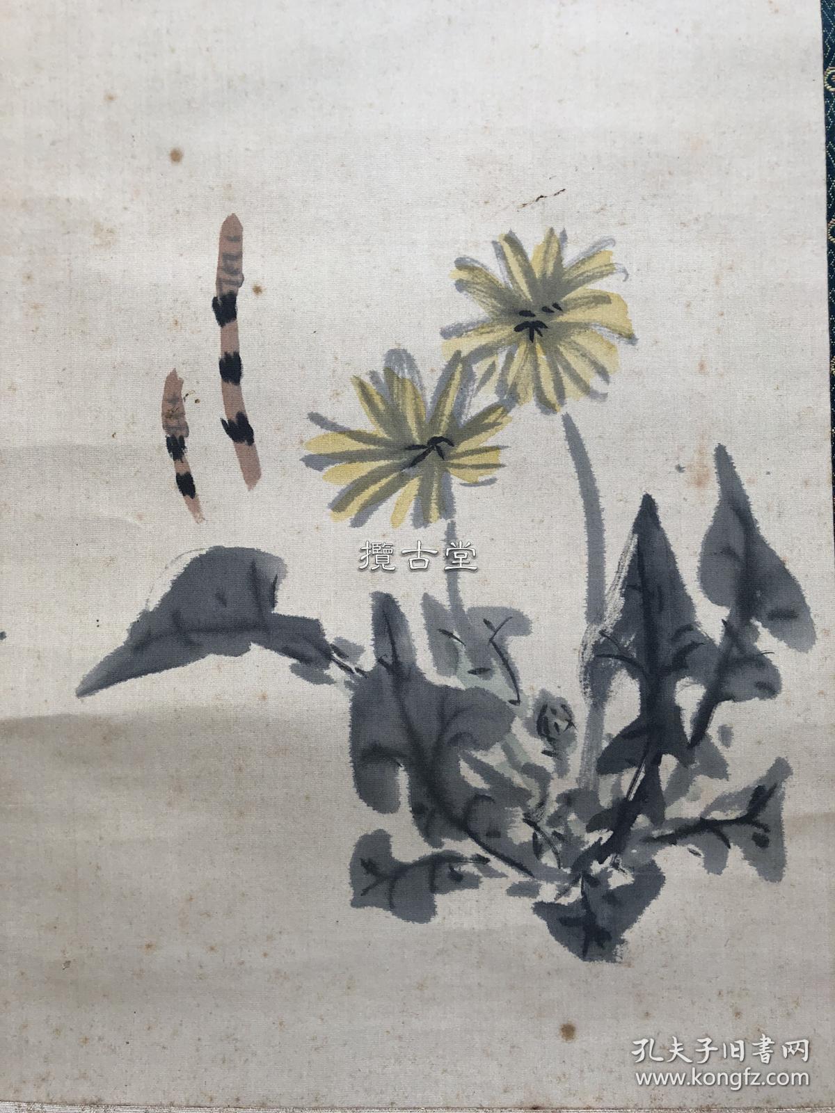 日本著名南画家 小室翠云(1874-1945)菊 俳画 一幅 绢本 挂轴 和式精