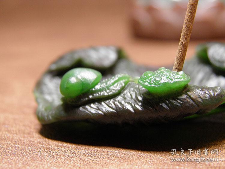 【惜墨舫 天然和田玉碧玉菠菜绿荷叶莲蓬香插 苏州精工蜗牛荷塘情趣